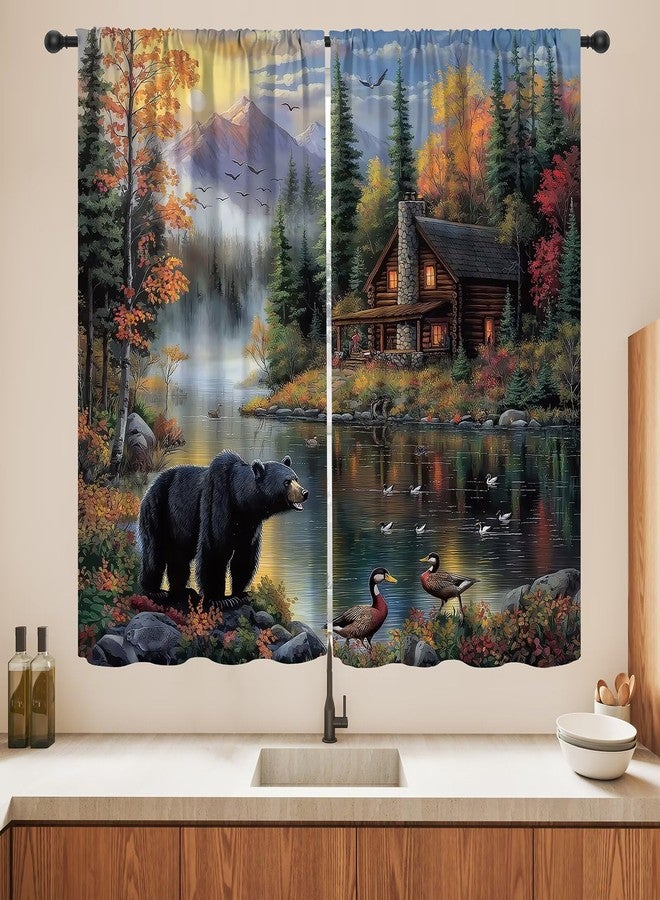 LOMADIA Rustic Bear Blackout Curtains, Retro Forest Animal Lake Wildlife Pattern Drapes, Country Cabin Farmhouse Window Treatments Curtain for Kitchen Bedroom Living Room Home Decor 42" W x 45" L - Image 1